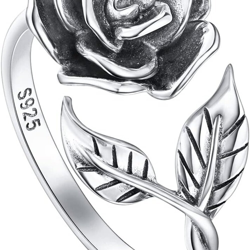 S925 Sterling Silver Rose Flower Ring Adjustable Wrap Open Jewelry for Women Fri